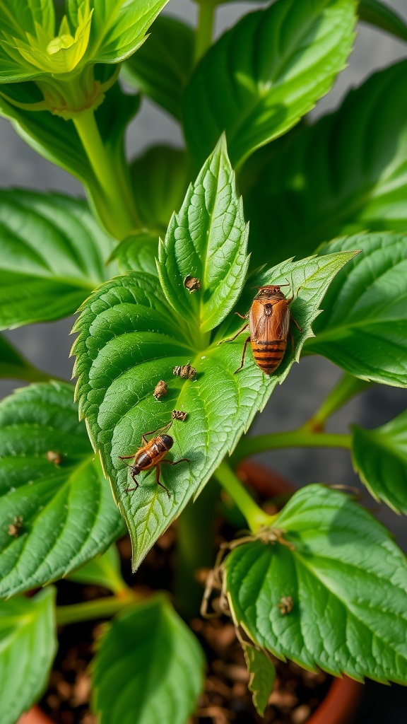 Close-up of pests on a green indoor plant leaf