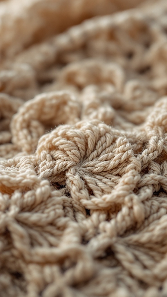 Close-up image of crochet puff stitches in a beige yarn