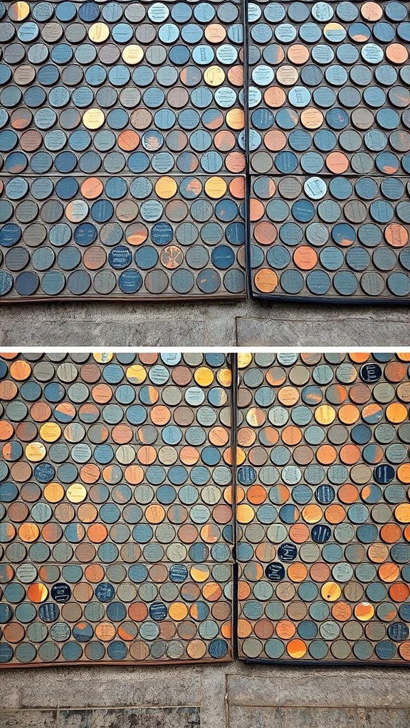 A close-up view of a penny tile bathroom floor showcasing a variety of circular tiles in muted colors.