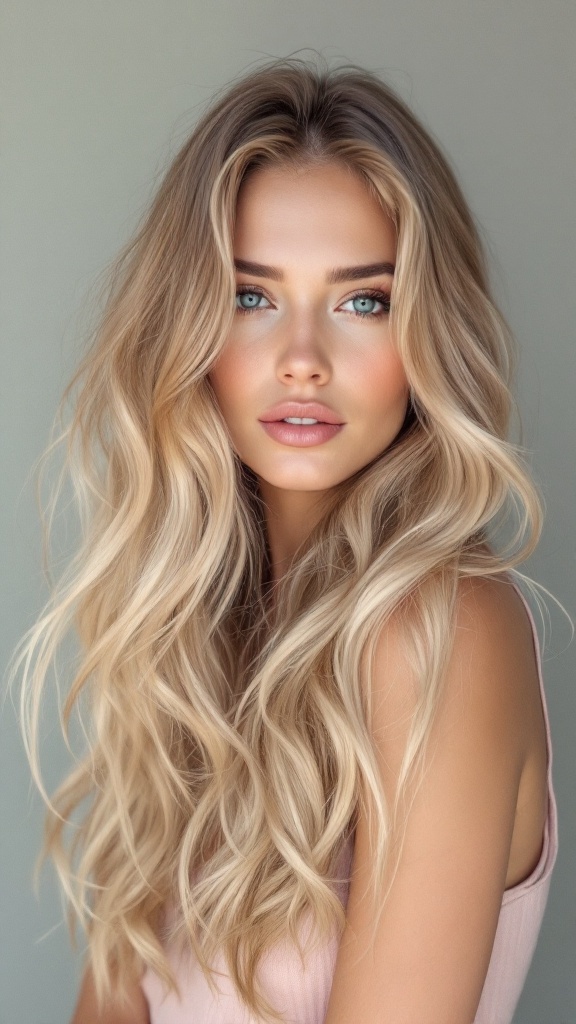 A woman with chunky blonde highlights and long, wavy hair.