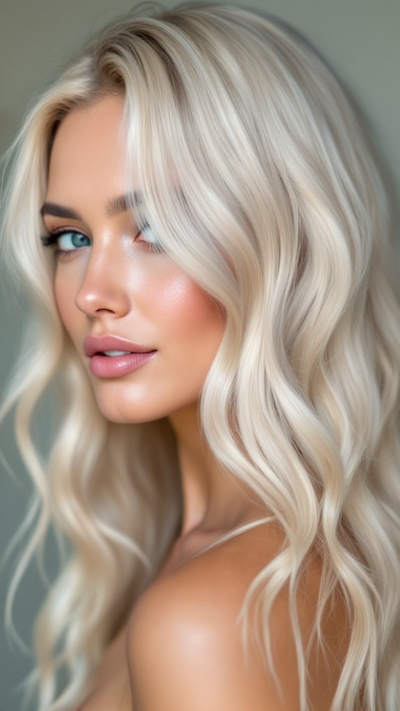 A woman with platinum blonde balayage hair, showcasing soft waves and a glowing complexion.