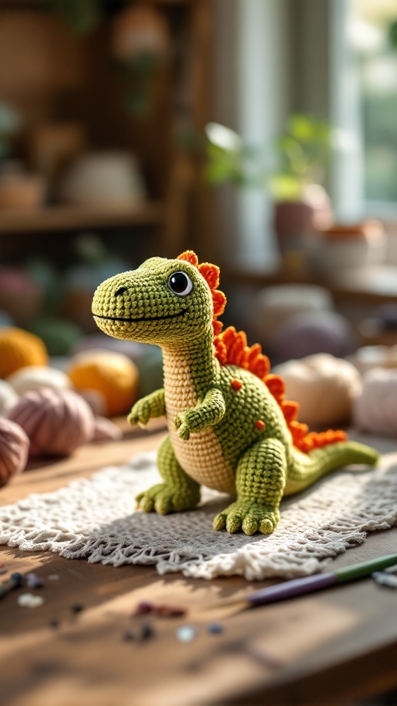 A vibrant crocheted dinosaur sitting on a lace cloth with yarn and crafting materials in the background.