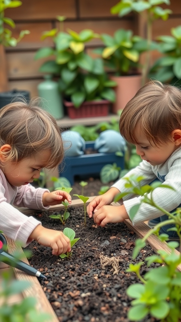 Two toddlers planting seedlings in a community garden
