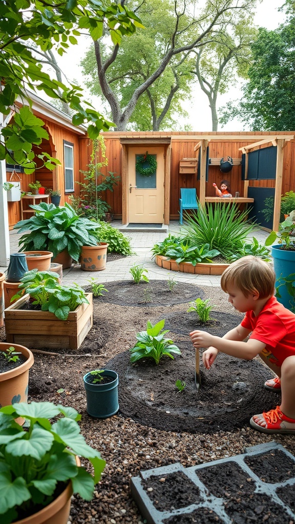 A child digging in a community garden surrounded by plants and pots