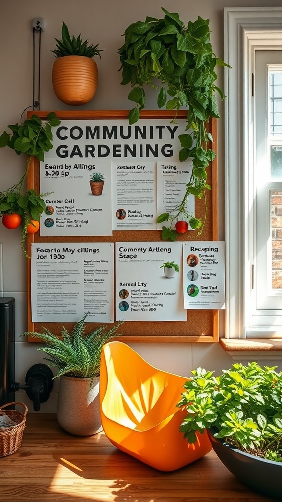 A community gardening bulletin board with plants and event details displayed.