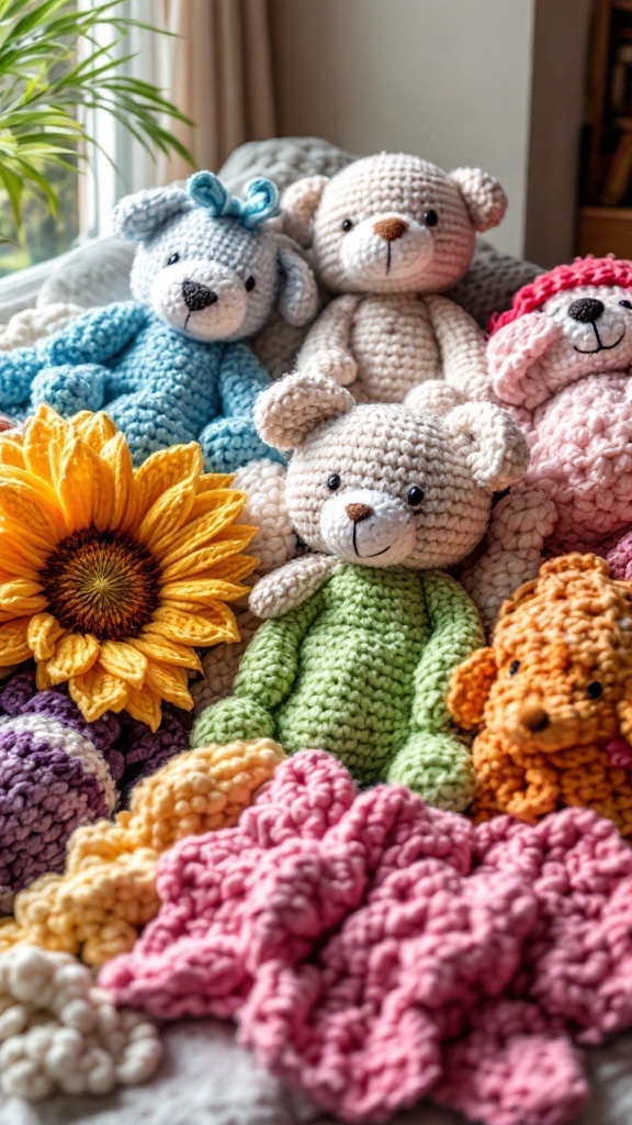 A collection of colorful crochet loveys, including bears and blankets, with a sunflower in the background.