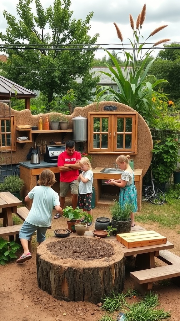 Children playing in a community mud kitchen, surrounded by nature.