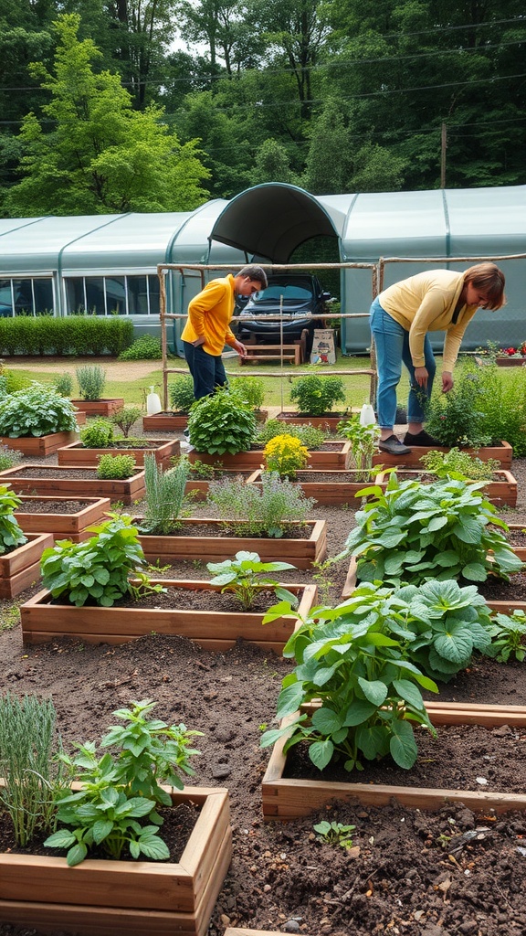 Two people working in a community raised herb garden with various plants.