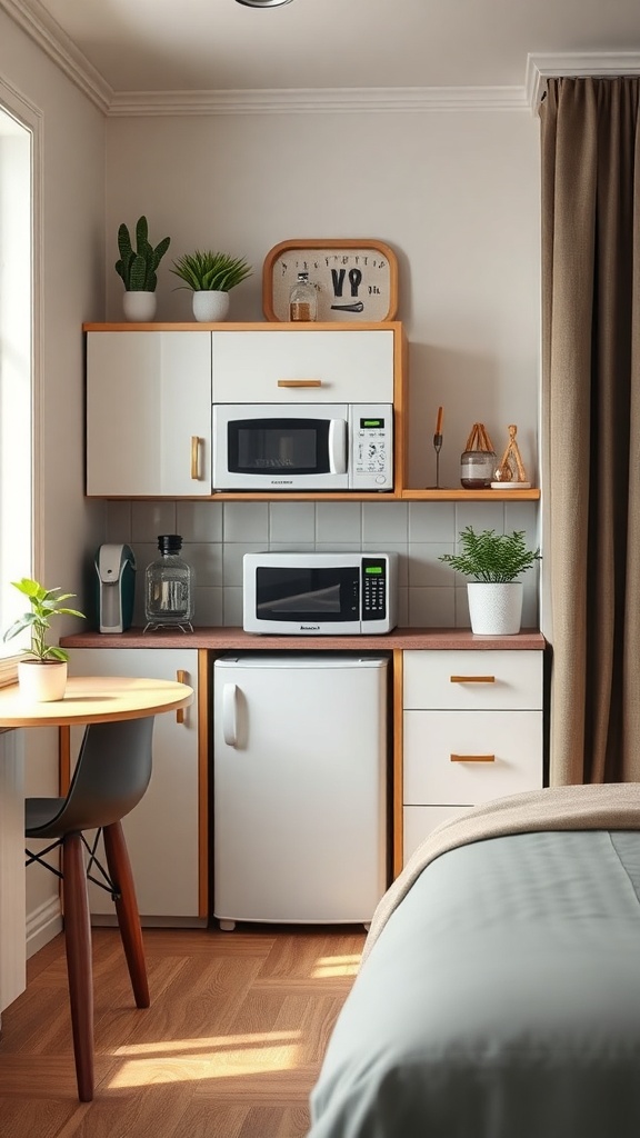 Compact kitchen area with a microwave, refrigerator, and small dining table in a cozy setting.