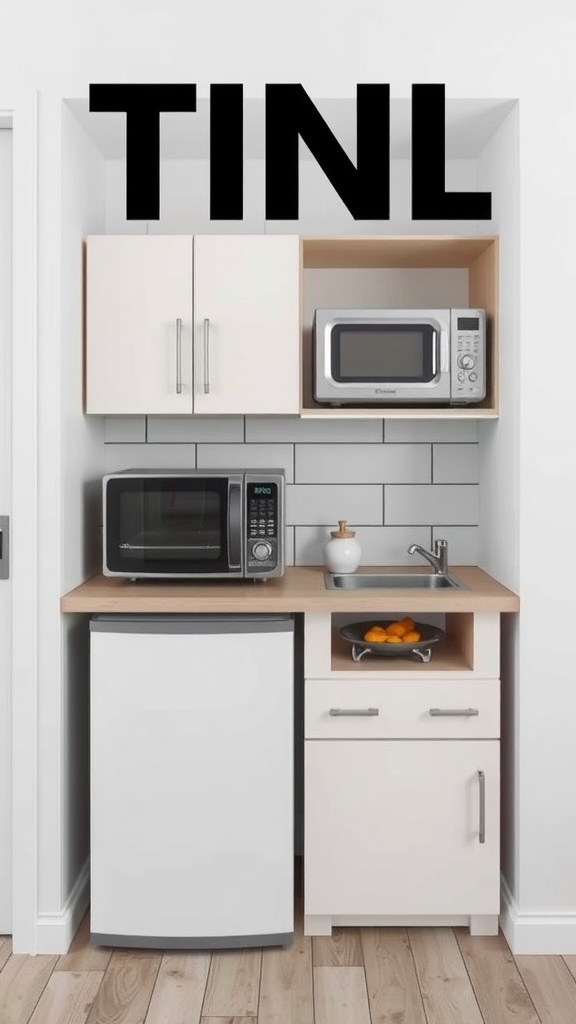 Compact kitchen design with appliances including a microwave, mini fridge, and sink