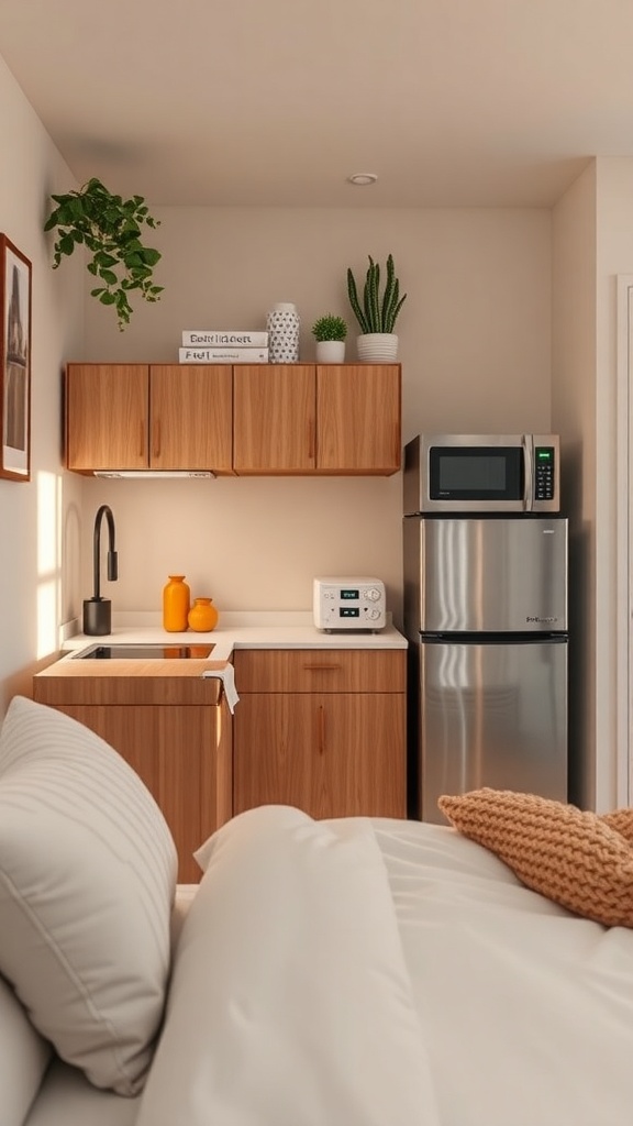 A compact kitchen featuring a small refrigerator, microwave, and sink area with wooden cabinets and plants.