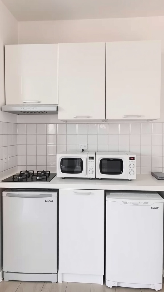 A compact kitchen with slim appliances including a fridge, dishwasher, and two microwaves.