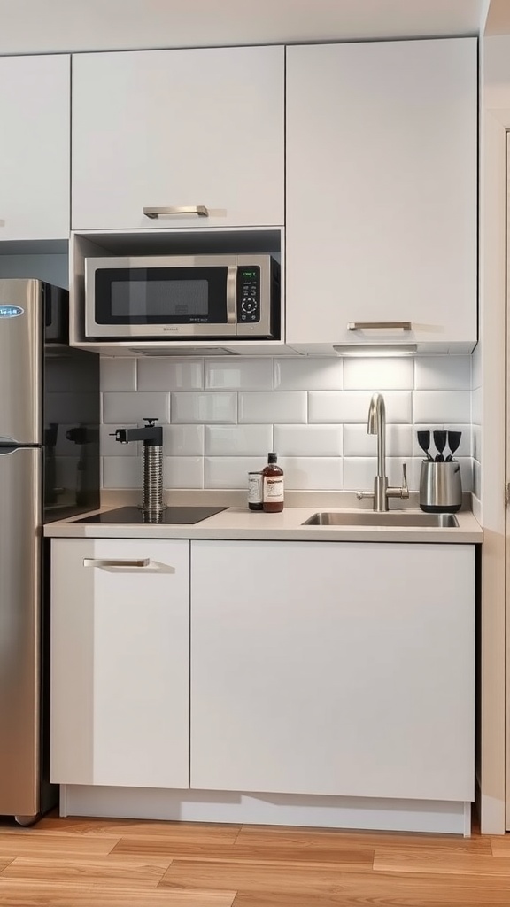 Compact kitchen with a microwave, sink, and modern cabinetry in an apartment.