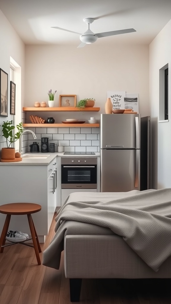 A compact kitchen in a tiny apartment featuring modern appliances, open shelving, and a cozy layout.