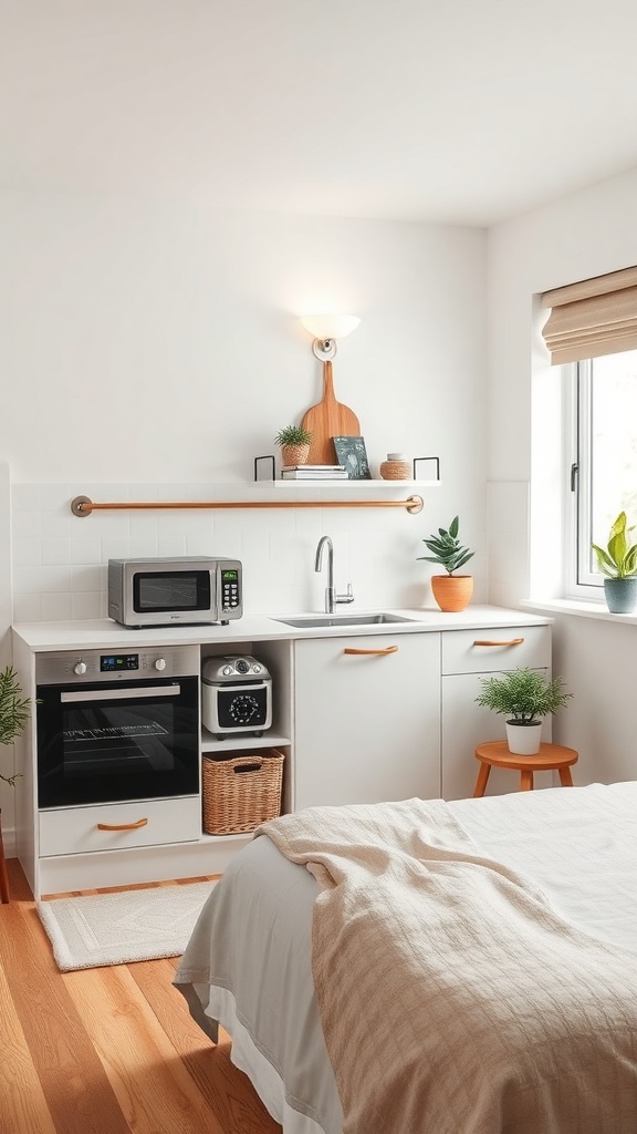 A compact kitchen featuring a microwave, oven, and sink, with plants and a cozy atmosphere.