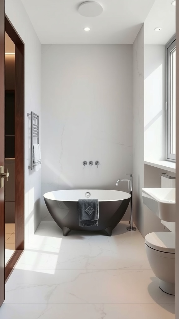 A modern small bathroom featuring a sleek compact bathtub, towel rack, and minimalistic decor.