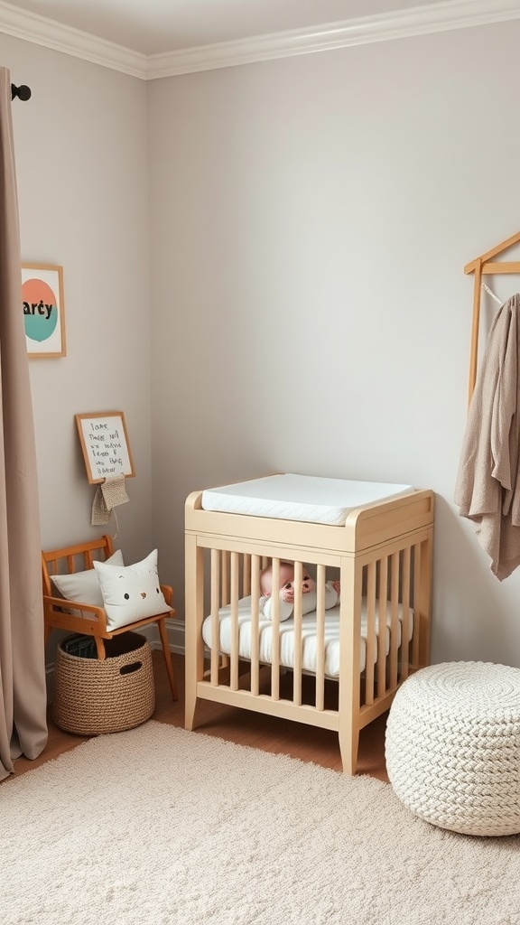 A compact changing station in a cozy nursery with a changing table, chair, and decorative elements.