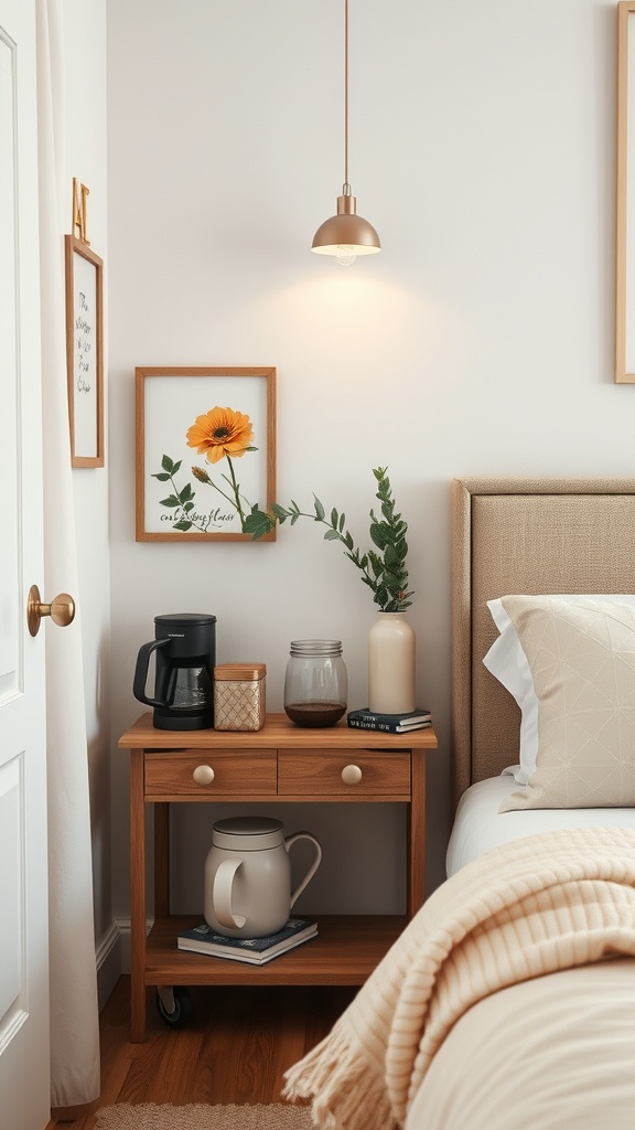 A cozy compact coffee corner featuring a coffee maker, jars, and decorative elements in a warm setting.