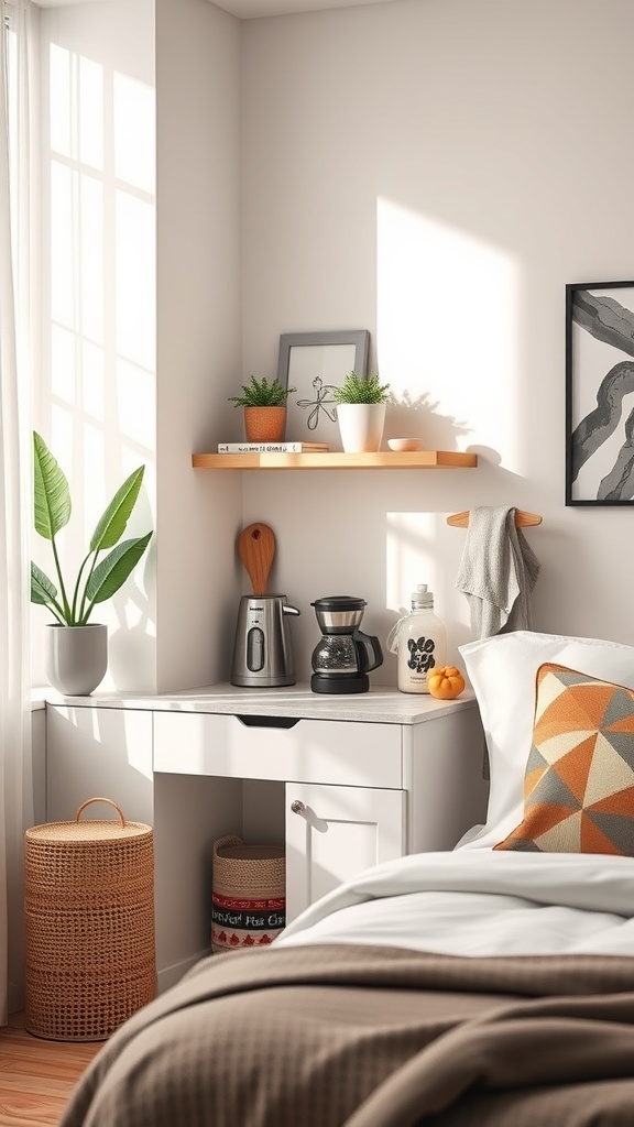 Cozy coffee station in a small space with a coffee maker, plants, and decorative items.