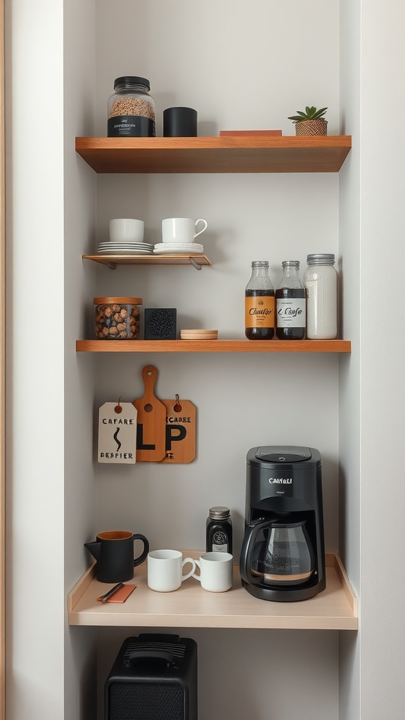 A compact coffee nook with shelves displaying coffee essentials and a coffee maker.