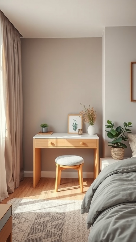 A compact corner dressing table in a modern bedroom with natural light, plants, and a cozy atmosphere.