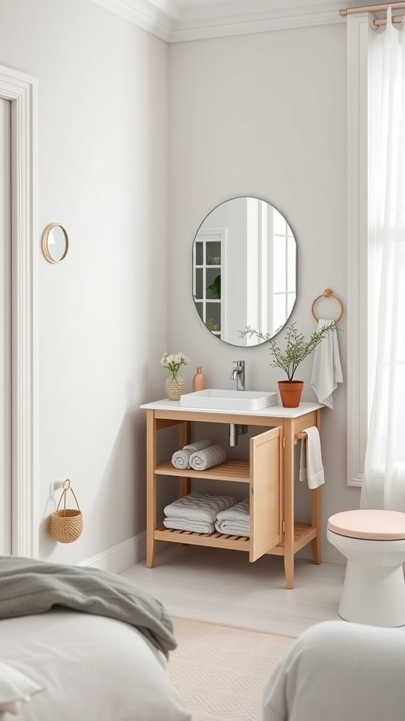 Compact corner bathroom vanity with round mirror, plants, and neatly arranged towels.