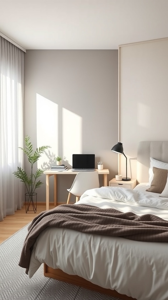 A minimalist bedroom featuring a compact desk with a computer, a chair, and a plant, showcasing a cozy and functional workspace.