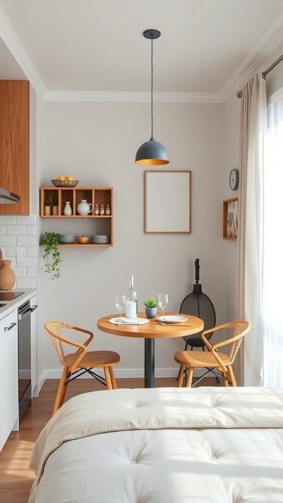 Cozy dining nook in a compact kitchen with a round table and stylish chairs.