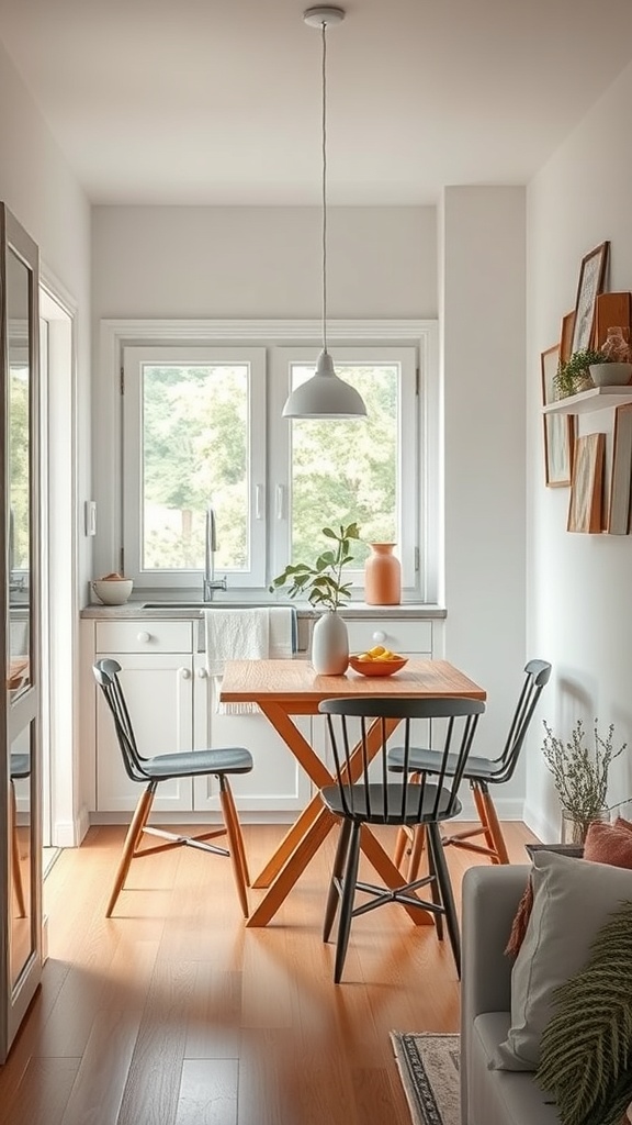 Cozy dining area in a tiny kitchen with a round wooden table and black chairs, bright walls, and large windows.