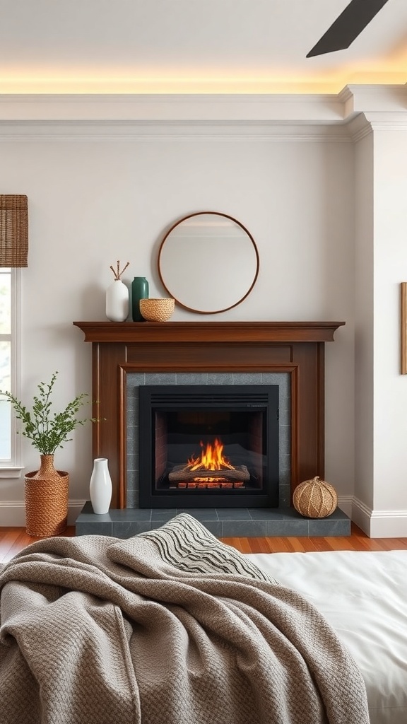 Cozy bedroom with a compact faux fireplace, wooden mantel, and soft blanket