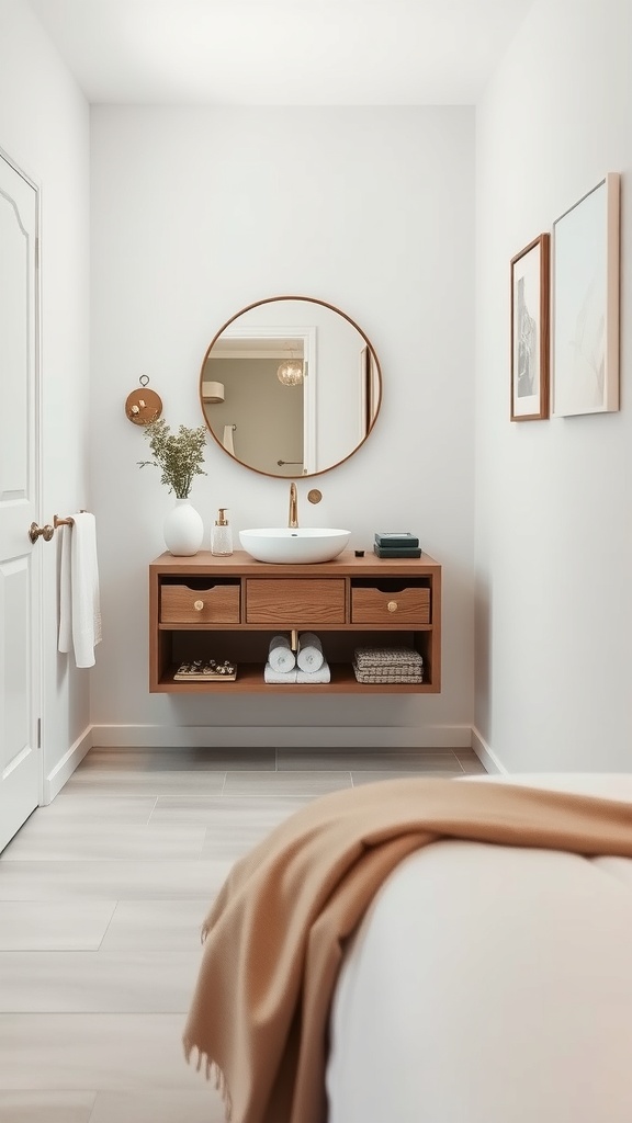 A small bathroom featuring a compact floating vanity with a round mirror, wooden drawers, and decorative items.