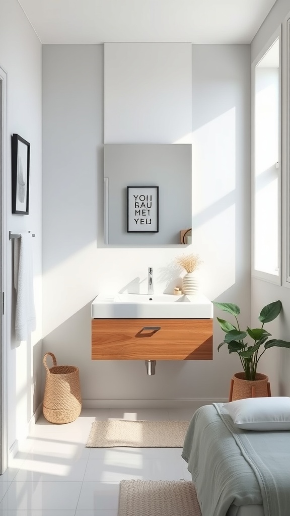 A modern bathroom featuring a compact floating vanity with a wooden finish, a white sink, and natural light.