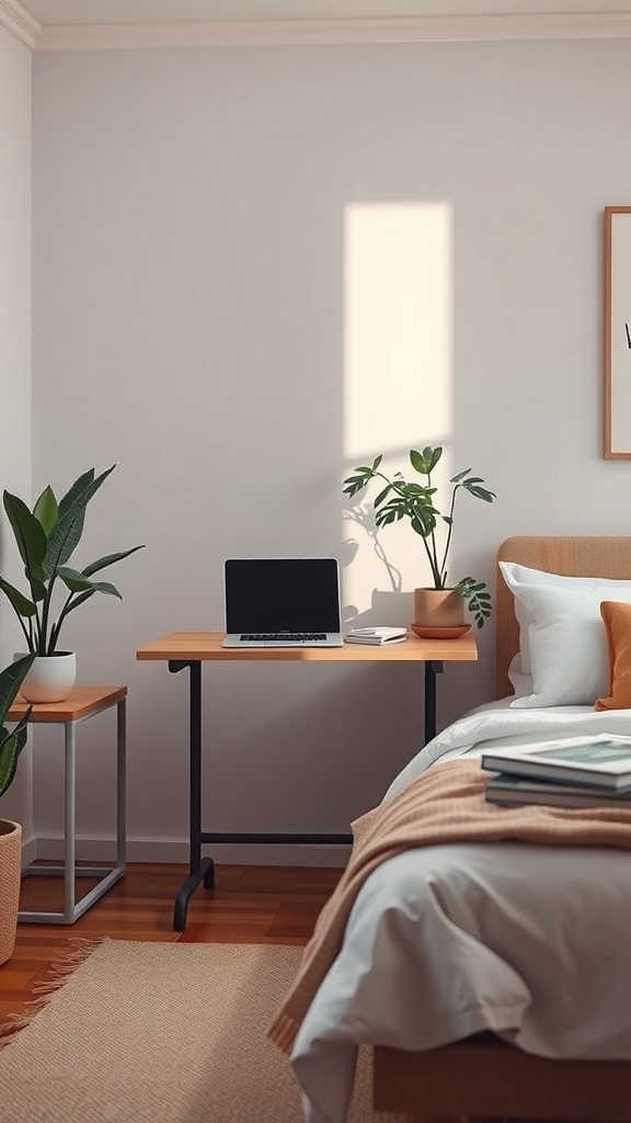 A compact folding desk with a laptop, surrounded by plants in a cozy bedroom setting.
