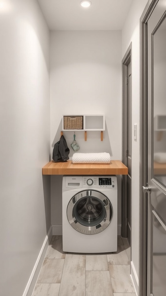 Small laundry room with a washer and a compact folding station in a hallway