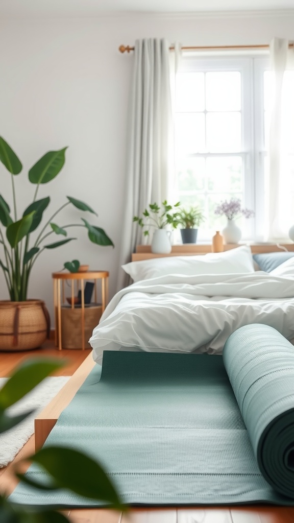 A compact folding yoga mat laid out in a stylish bedroom with plants and soft bedding