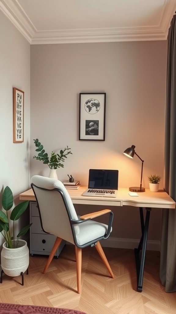 A compact home office featuring a modern desk, comfortable chair, plants, and stylish decor.