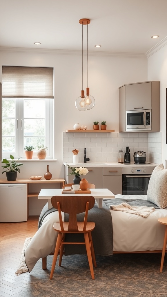 A compact kitchen in a tiny apartment featuring modern appliances, light colors, and a small dining area.