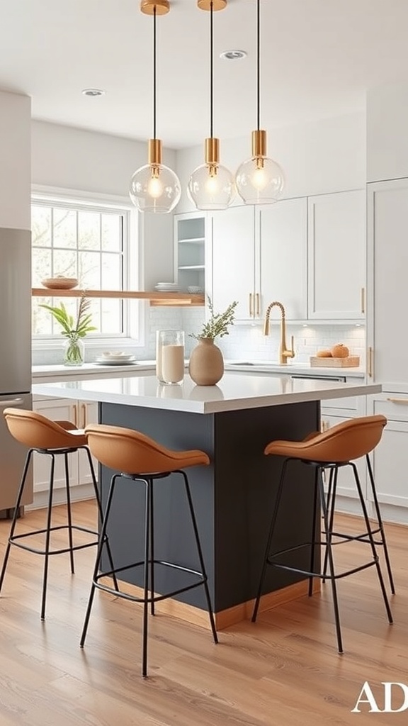 A modern compact kitchen island with a white countertop and dark base, featuring stylish pendant lights and bar stools.