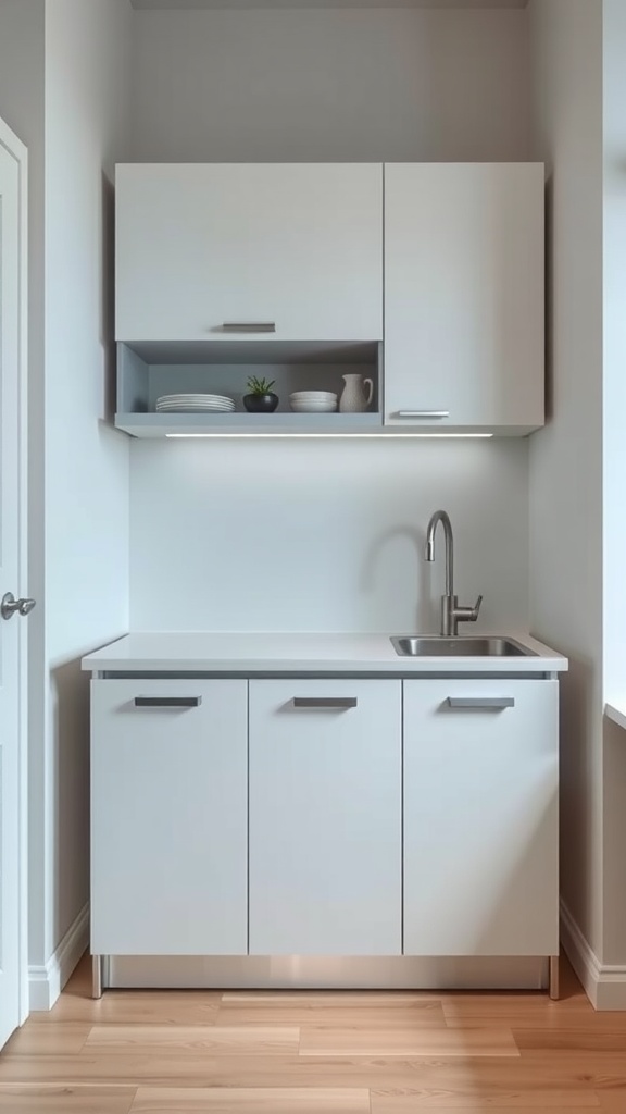 A compact kitchenette with modern cabinetry, sink, and small plant.