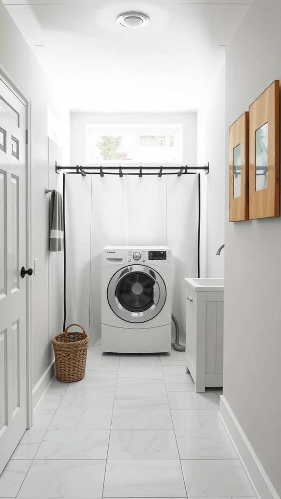Compact laundry space in a hallway with a washing machine, laundry screen, and decorative artwork