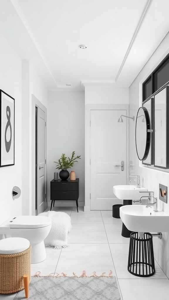 A minimalist black and white bathroom with modern fixtures and a touch of greenery.