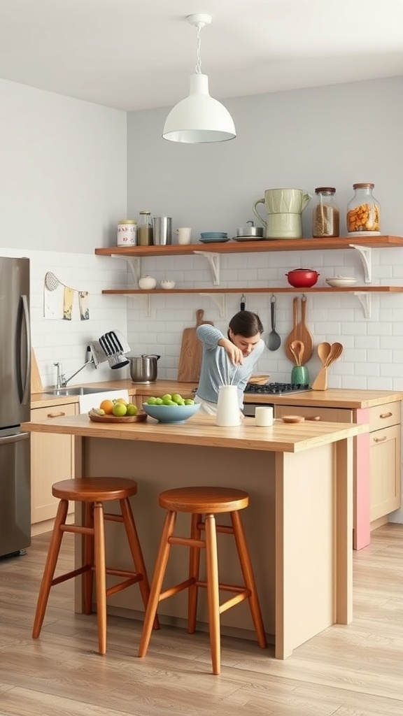 Cozy kitchen with a compact multi-functional island and stools