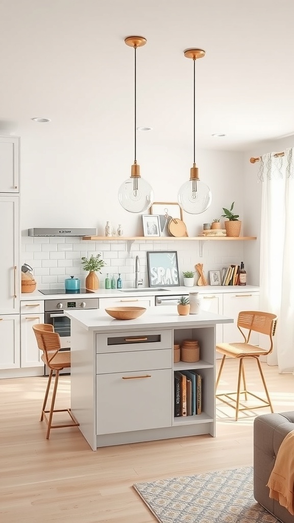 Compact multi-functional kitchen island with light colors, open shelving, and bar stools.