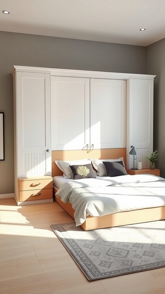 A compact bedroom featuring a Murphy bed that folds into a cabinet, showcasing a neat and spacious design.