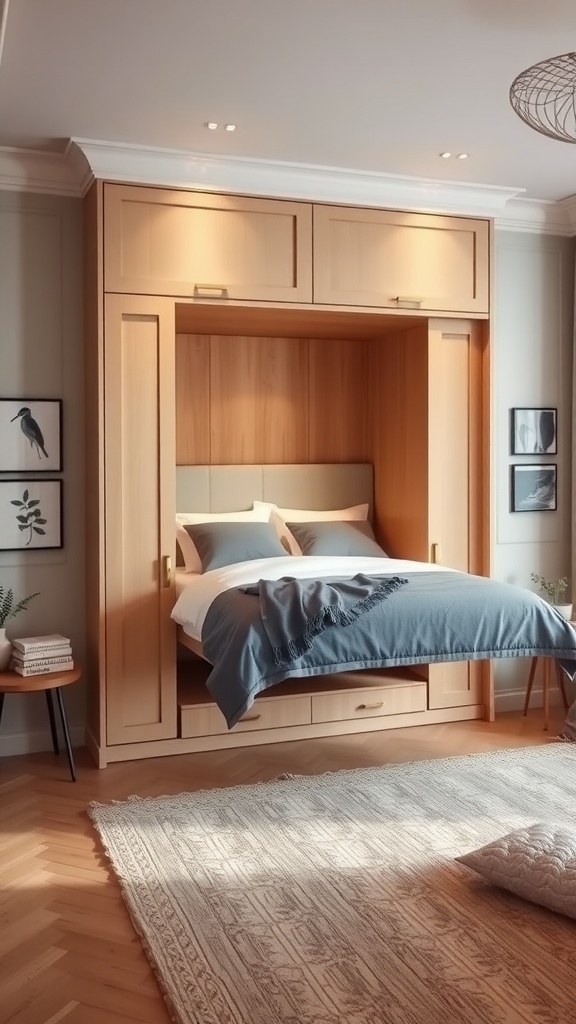 A wooden Murphy bed with a cozy bedding setup, folded into the wall, in a stylish bedroom setting.
