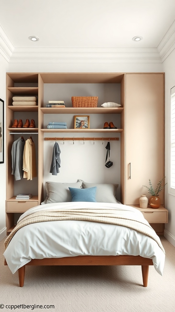 A compact open wardrobe in a small bedroom with shelves and hooks for clothes and accessories.