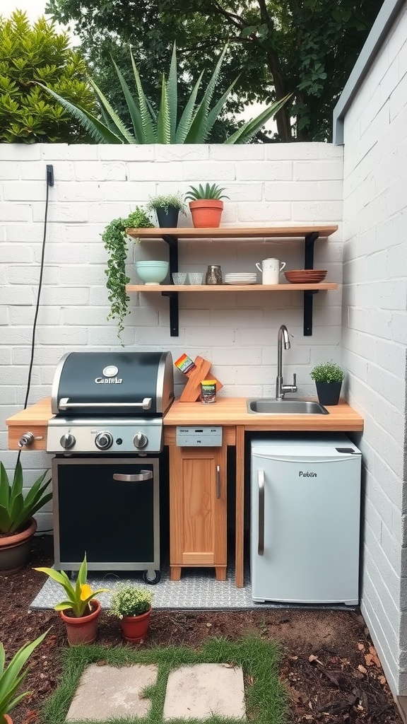 Compact outdoor cooking station with a grill, sink, and small fridge surrounded by potted plants.