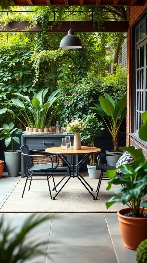 A compact outdoor dining space featuring a round wooden table and two chairs surrounded by plants.