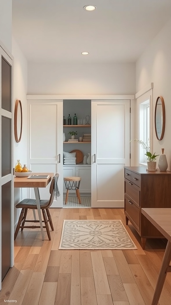 A compact pantry with open shelving and stylish doors in a small kitchen space.