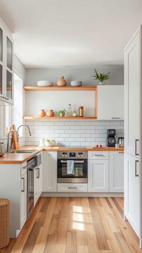 A compact modern kitchen with white cabinets, wooden countertops, and open shelves.